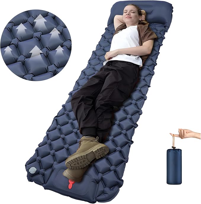 DDD Ultra-Light Inflatable Camping Sleeping Pad with its Built-in Foot Pump and Pillow - The Ultimate Camping pad, Hiking pad, Backpacking Pad and Lightweight for a Outdoor Sleep——Navy Blue