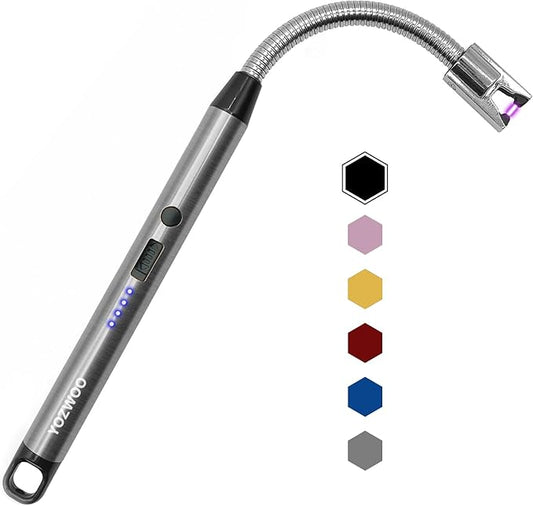 YOZWOO Electric Candle Lighter Rechargeable USB C Electronic Lighter Windproof Flameless Arc Plasma Candle Lighter Long Lighter with Smart LED Battery Display for BBQ, Camping, Cooking (Silver)