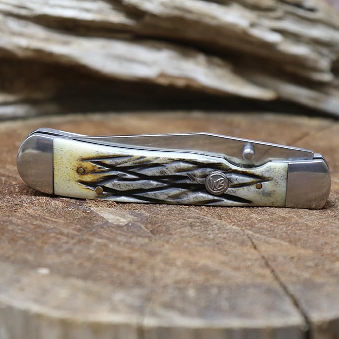 WHISKEY BENT HAT CO. Locking Trapper Folding Pocket Knife 4.125" Closed Length 440C Stainless Steel Blades (Carved Burnt Bone - Serrated)