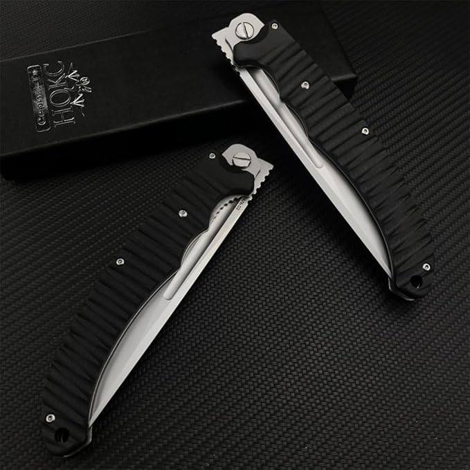 HUAAO 12 INCH Russian Avatar Folding Knife for Men,D2 Blade Black G10 Handles Tactical Survival Gear Saber Knives,Safety Liner Lock,Flipper Assisted Outdoor Camping Tool (White blade)