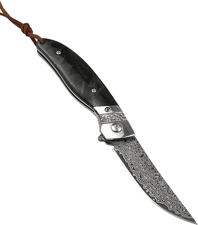 ALBATROSS HGDK028 EDC Sharp Mordern Damascus Folding Pocket Knife with Luminous Carbon Synthetic Material Handle,Ball Bearing Assisted Opening Knives with Liner Lock Tail rope，Gifts/Collections