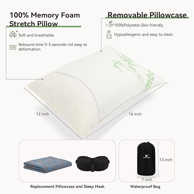Camping Pillow Travel Pillow Memory Foam with Extra Cover Sleep Mask and Storage Bag Camping Essentials for Backpacking Airplane Car-Small