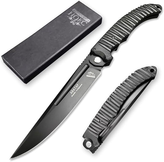 HUAAO 12 INCH Russian Avatar Folding Knife for Men,D2 Blade Black G10 Handles Tactical Survival Gear Saber Knives,Safety Liner Lock,Flipper Assisted Outdoor Camping Tool (Black blade)