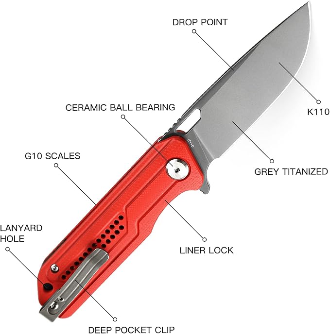 BESTECH KNIVES Pocket Folder Folding Knife: 3.23" K110 Steel Grey Titanized Blade, G10 Scales, Flipper, Liner Lock, EDC Titanium Clip, BG35C-2 (Red)