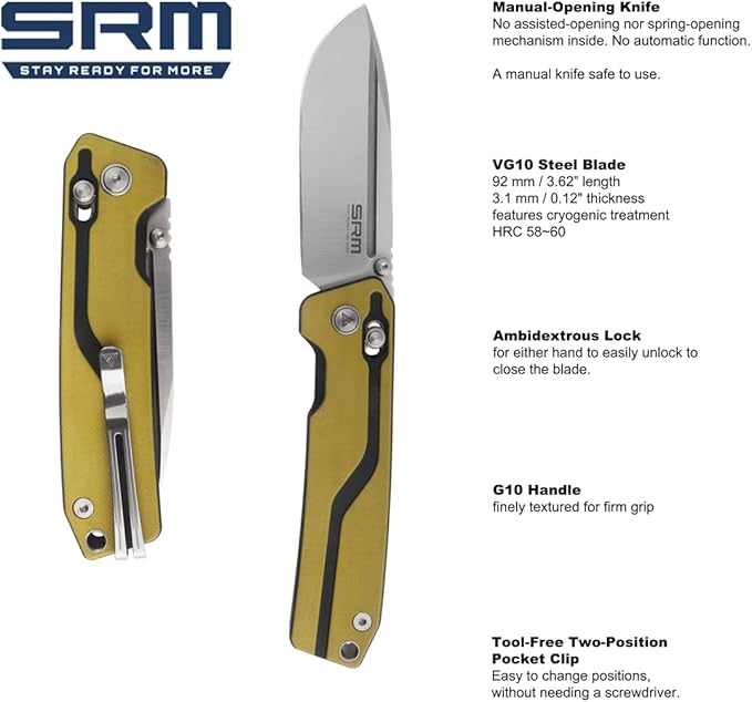 Pocket Folding Knives, Stainless Steel Blade, G10 Handle, Ambidextrous Lock, Ambidextrous Tool-Free Clip, for Men or Women, for Outdoor, EDC or Survival Use, SRM 7228L-GW (Large Size)