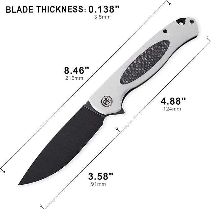 Petrified fish PFB03 Stamp Pocket Knife, 3.58" D2 Black Stonewashed Blade, 4.79 oz G10 Handle Flipper Liner lock Folding Knife (White & Black Stonewashed)