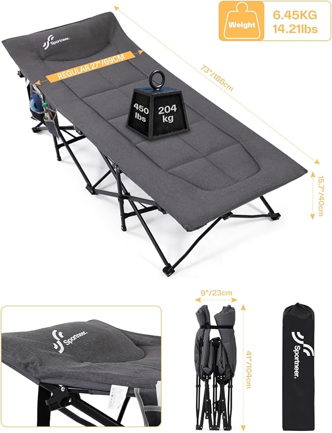 Sportneer Camping Cots for Adults, Sleeping Cot with Cushion Max Load 450 LBS Heavy Duty Folding Camping Sleeping Cot with Padded for Camping Tent Office Sleep Over (Grey, 73" Lx27 Wx14.5 H)