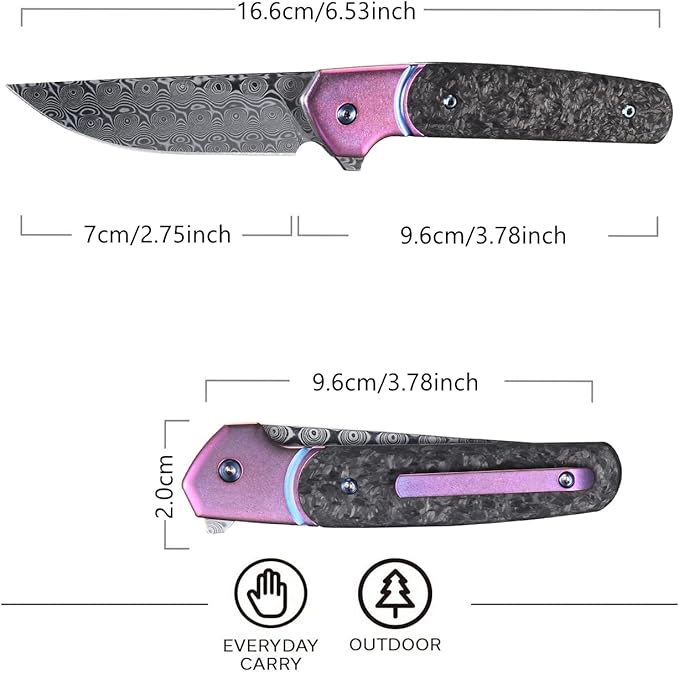 Sitivien ST252 Damascus Steel Folding Knife,Damascus Blade,Titanium Carbon Fiber Handle EDC Knife for Outdoor Camping Hiking(Pink) …