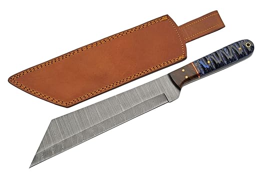 SZCO Supplies 14" Blue Wood Handle Damascus Steel Tanto Blade Outdoor Hunting Knife With Sheath