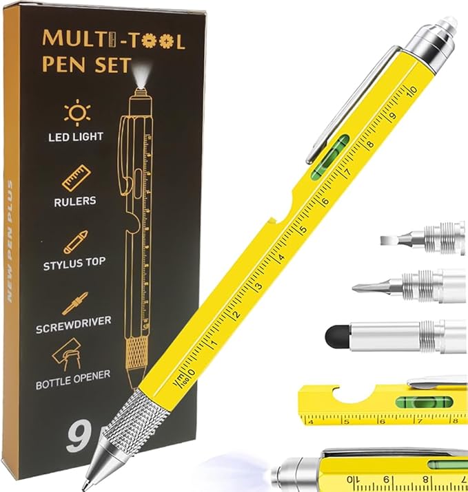9 in 1 Multitool Pen, Stocking Stuffers Gifts Unique Christmas Birthday Multi Tool Pen for Men Dad Husband Who Have Everything, Cool Gadgets Pocket Multi Tool (Yellow)