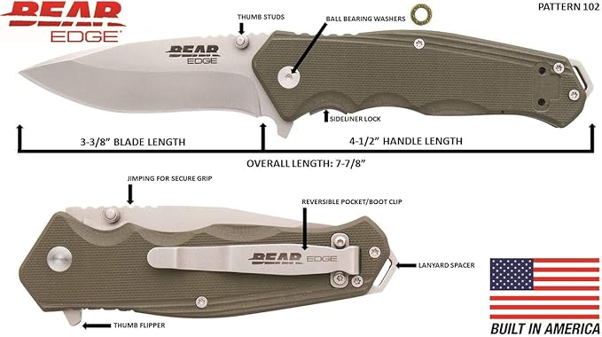 Bear Edge G10 Sideliner, 3 3/8” 440 High Carbon Stainless Steel Blade, Green G10 Handle, Trigger Open and Reversible Pocket Clip (61102)