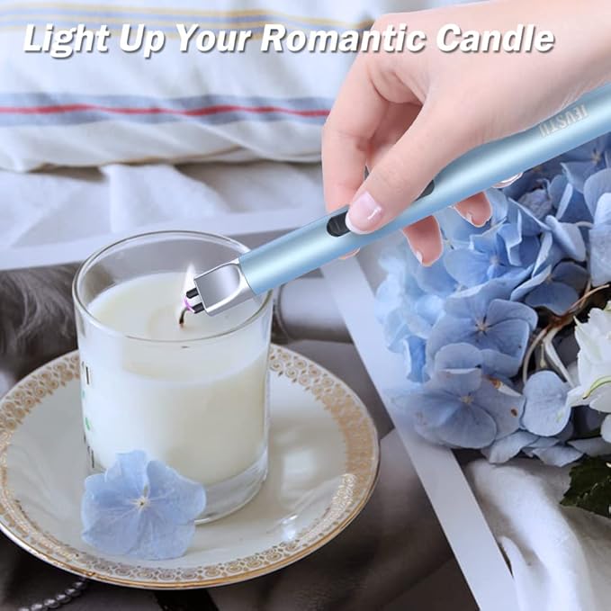 Candle Lighter, Electric Lighter Rechargeable USB Lighter, Arc Windproof Flameless Plasma Lighter Long Stick with Rope and Ring, No Butane Fluid, Perfect for Candle BBQ Camping Kitchen Stove, Blue