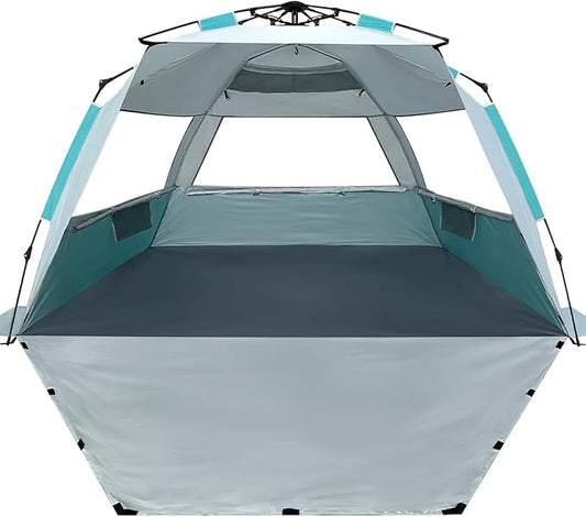 WhiteFang Deluxe Pop Up Beach Tent Sun Shade Shelter for 3-4/5-6 Person, UV Protection, Extendable Floor with 3 Ventilating Windows Plus Carrying Bag, Stakes, and Guy Lines