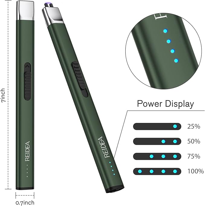 REIDEA Lighters 2 Pack R1 Flat Electronic Candle Lighter, Windproof Flameless USB Rechargeable Arc Lighter with Safe Button and Power Indicator for Candle, BBQ and Fireworks, Pine Green