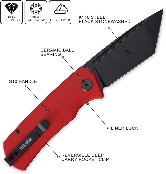 Petrified fish PFP01T Beluga,3.58" K110 Stonewashed Blade, 170g G10 Handle Front Flipper Liner lock Folding knife (Red G10, Black Stonewashed)