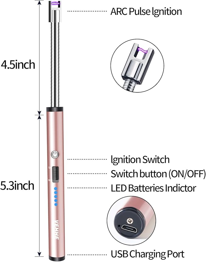 VEHHE Electric Candle Lighter, USB Rechargeable Lighters with Safety Button Lock, Flexible Neck ARC Long Lighter with LED Battery Display Windproof for Grilling Cooking Camping