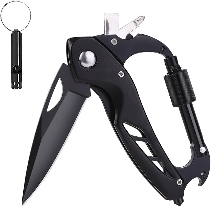 Multitool Carabiner with Pocket Knife, EDC Carabiners Keychain with Folding Knives, Survival Gear for Camping Hiking with a Whistle, Bottle Opener, Window Breaker, Screwdriver, Gifts for Men