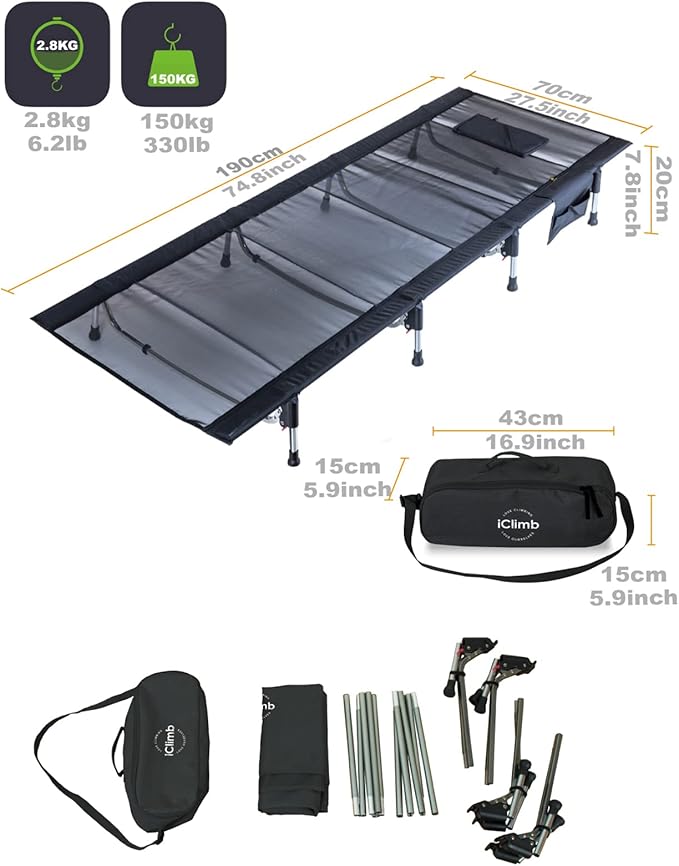 iClimb Super Easy Assemble Folding Cot Ultralight Compact Heavy Duty with Carry Bag for Adults Camping Backpacking (Black, Mesh)