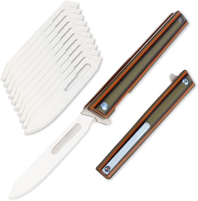 G37 Small Pocket Scalpel Knife, 10pcs #60 Replaceable Blades, Slender Compact Slim Gentleman's Flipper Folding Scalpel EDC Utility Knives with Blue Titanium Belt Clip