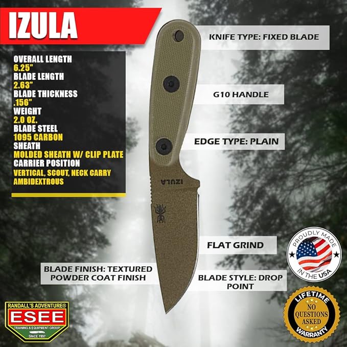 ESEE Knives Izula-DE w/Handle, Molded Polymer Sheath, and Clip Plate (Olive Drab G10)