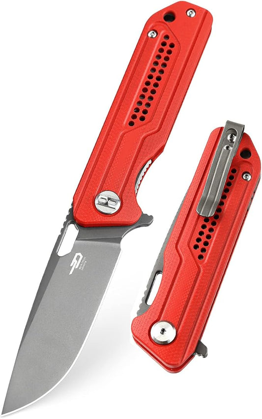 BESTECH KNIVES Pocket Folder Folding Knife: 3.23" K110 Steel Grey Titanized Blade, G10 Scales, Flipper, Liner Lock, EDC Titanium Clip, BG35C-2 (Red)