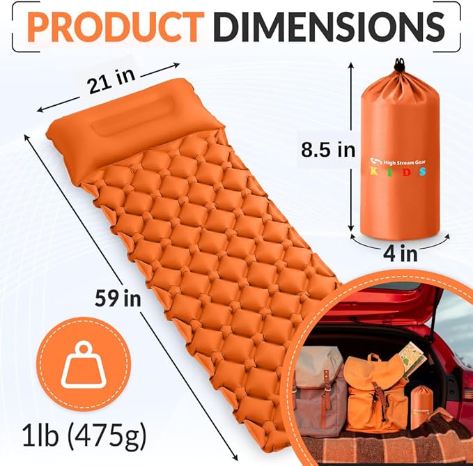 Kids Sleeping Pad for Camping and Sleepovers with Pillow, Inflatable Camping Mattress for Backpacking & Travel, Thick Toddler Cot Mat, Fast Inflating Camping Sleeping Pads for Kids