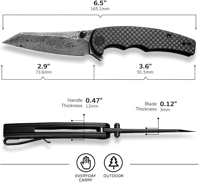 CIVIVI P87 Folder EDC Knife, Kaila Cumings Design 2.9" Damascus Blade Reverse Tanto, Twill Carbon Fiber G10 Handle with Thumb Stud Liner Lock Folding Pocket Knife for Everyday Carry (Black)