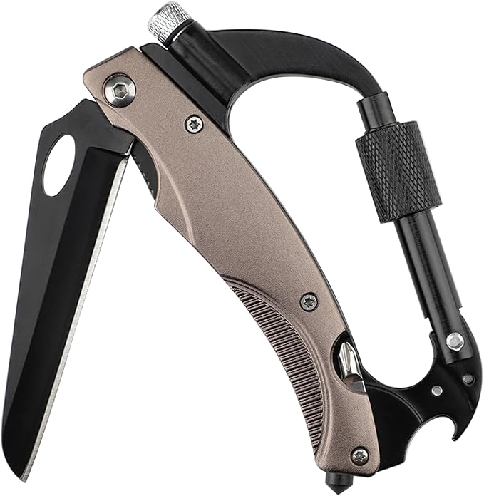 Multitool Carabiner with Knife : EDC Carabiners Keychain,LED Flashlight,Glass Breaker and Bottle Opener,Tactical Carabiner Multi-Tools and Outdoor Survival Gear for men
