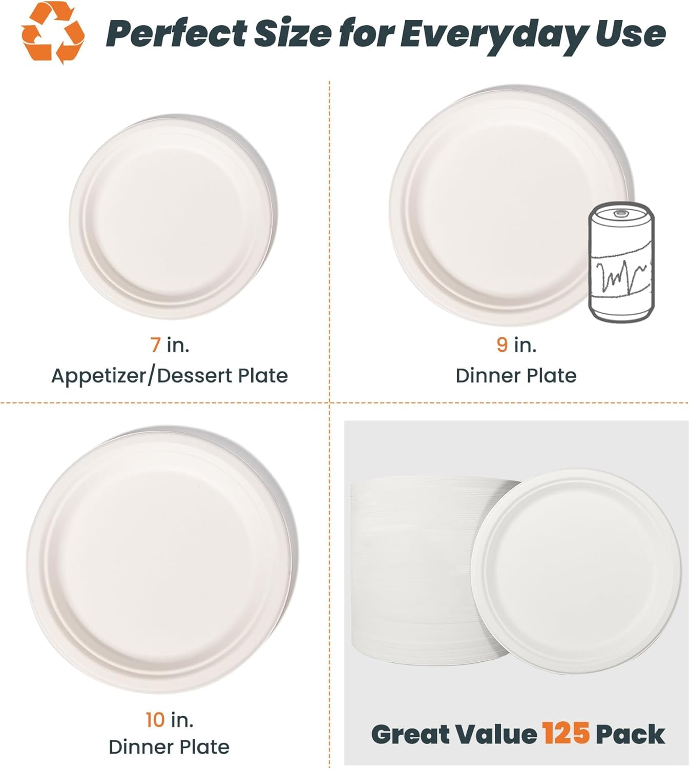 100% Compostable Plates - 125-Count Heavy Duty Disposable 10-Inch Plates Made of Bagasse - Eco-Friendly and Sustainable