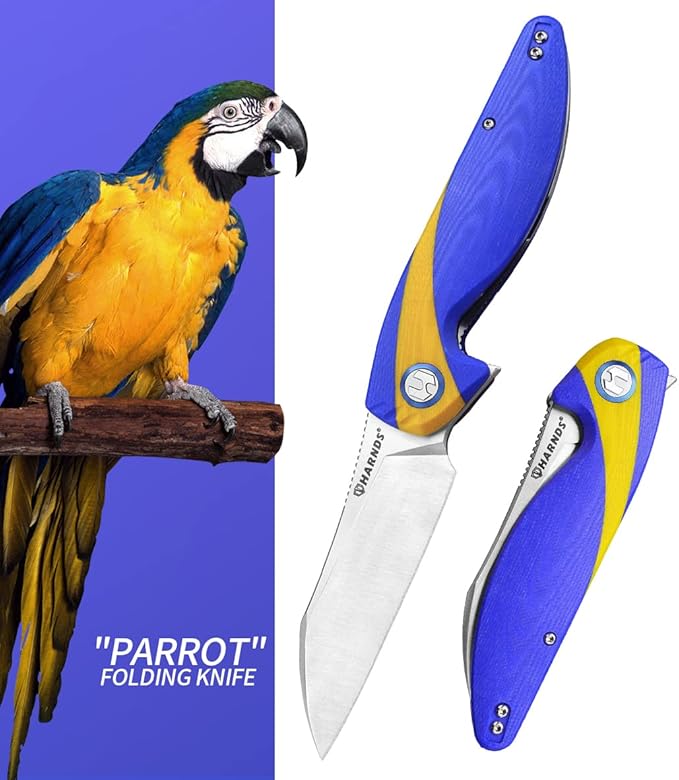 Parrot Folding Pocket Knife with Clip and Blade Lock, 8.4" EDC Folding Knife with Sweatproof G10 handle and 14C28N Stainless Blade (Blue & Yellow)