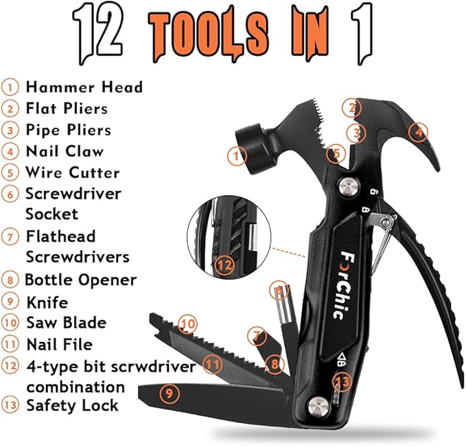 Hammer Multi Tool 12 in 1 Hammer Camping Gear Survival Tool, Birthday Christmas Gift for Men, Christmas Gifts for Dad Who Wants Nothing, Mens Gifts for Him, Dad, Husband, Grandpa, Boyfriend