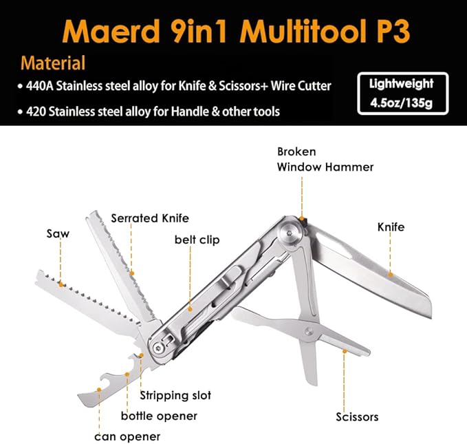Maerd P3 9in1 Hard Stainless Steel Multitool, Foldable Self-Locking Multi-tool Pocket Knife with Belt clip, First Aid Scissors, Saw, Bottle Opener, Sickle, EDC Multitool Emergency