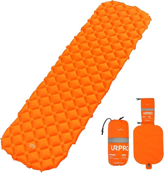 Camping Sleeping Pad Air Mattress - Inflatable Ultralight Ergonomic Design Compact Airpad Mat Backpacking Hiking Outdoor Activities Orange