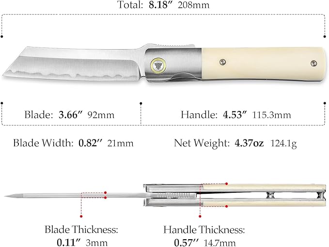 Higonokami Knives Folding Pocket EDC Knife for Men, 3.66" SKD11 Steel Blade, Ti Ring & Handmade OX Bone & Ti Bolster Handle,Leather Sheath for Camping Hiking knife, Kira-02W