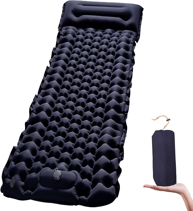 Sleeping Pad Ultralight Inflatable Camping Sleeping Pad with Pillow,Built-in Foot Pump,Lightweight Camping Mattress,Thick 4" Sleeping Mat for Camping Backpacking Hiking (Navy Blue, Single)