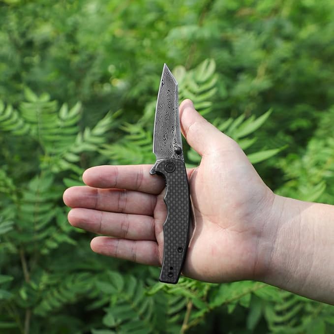 CIVIVI P87 Folder EDC Knife, Kaila Cumings Design 2.9" Damascus Blade Reverse Tanto, Twill Carbon Fiber G10 Handle with Thumb Stud Liner Lock Folding Pocket Knife for Everyday Carry (Black)