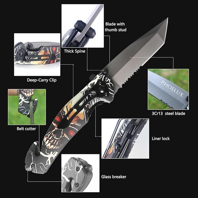 8.43" Pocket Folding Knife with Serrated Blade, Speed Spring Assisted Opening, Glass Breaker, Belt Cutter, Thumb Stud, Liner Lock and Pocket Clip, Good for Survival, Camping, Outdoor, Hunting