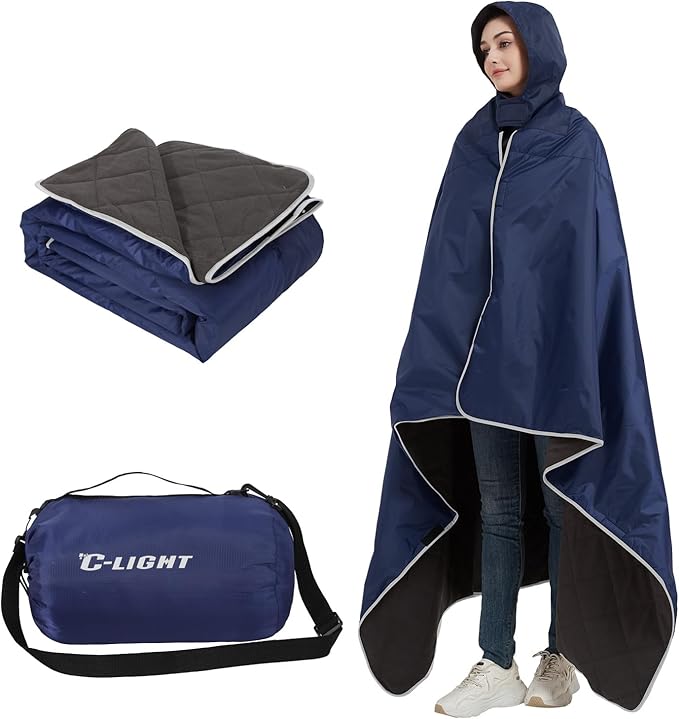 C-LIGHT Outdoor Hoodie Blanket - Stadium Blankets Waterproof Windproof - 79’‘x59’‘ Warm Blanket for Rain&Cold weather - Perfect for Picnic, Camping, Outdoor Sports Event, Stadium, Beach (DarkNavyBlue)