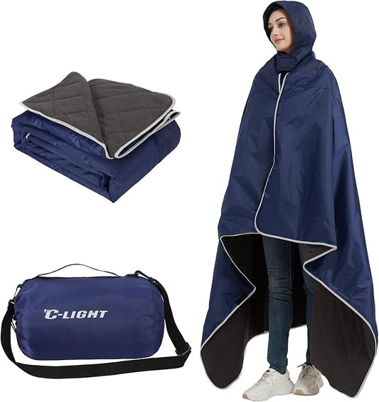 C-LIGHT Outdoor Hoodie Blanket - Stadium Blankets Waterproof Windproof - 79’‘x59’‘ Warm Blanket for Rain&Cold weather - Perfect for Picnic, Camping, Outdoor Sports Event, Stadium, Beach (DarkNavyBlue)