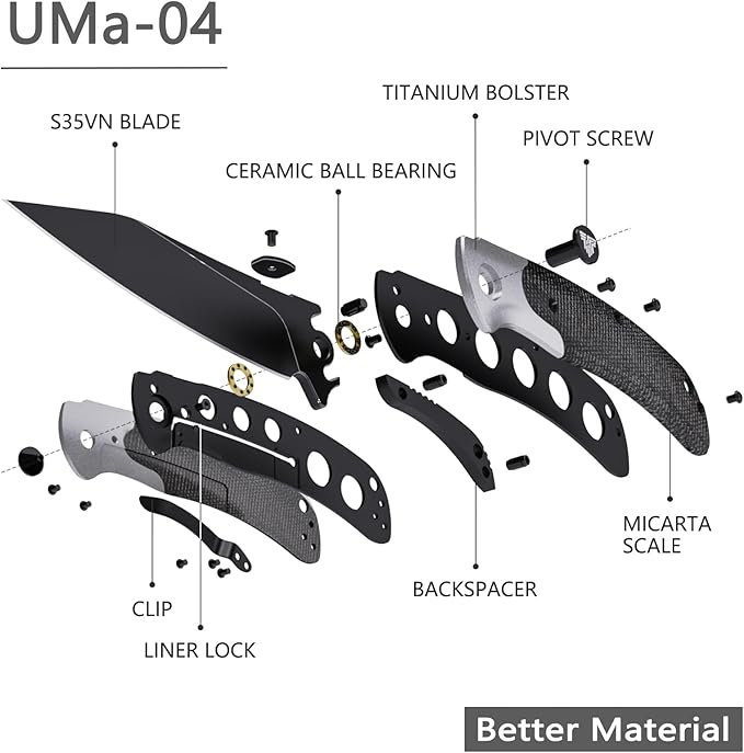 Folding Camping Knife,Black PVD S35VN Steel Blade,Titanium Bolster Micarta Scale Lightweight Handle,Thumb Disk EDC Pocket Knives for Men Hunting Fishing,UMa-04
