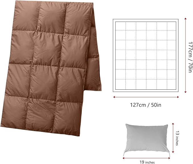 Soft Down Blanket Fluffy Lightweight Warm, Compact Portable Travel Throw Camping Blanket & Pillow Cushion, Airplane Train Beach Glamping Indoor Outdoor, 800 Fill Power 50x70’’ Brown