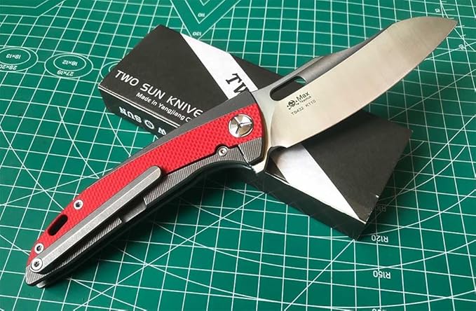 Twosun Folding Knife With K110 Blade Red G10 and Tc4 Titanium Handle Plain Edge EDC Camping Knife TS432-K110-Satin