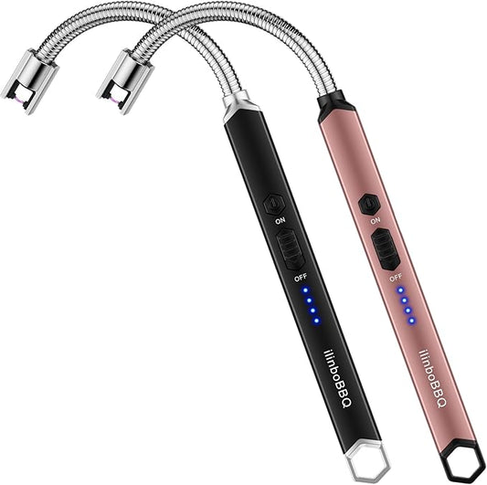 iinboBBQ 2 Pack Lighters Electric Lighters Rechargeable USB Candle Lighters with LED Battery Display Arc Lighter with Flexible Neck Flameless Long Lighters for Candles Grill BBQ Camping