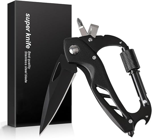 Multitool Carabiner with Pocket Knife EDC Carabiners Keychain with Bottle Opener Folding Knives Bottle Opener Window Breaker and Screwdriver Survival Gear for Camping Hiking
