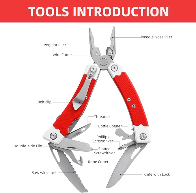 G10 Handle Multitool Pliers with YG10 Tungsten Steel Replaceable Wire Cutters 12 in 1 Multi Tool Pocket Knife with Safety Lock,Saw,Bottel Opener for Camping,Survival with Nylon Sheath (red)