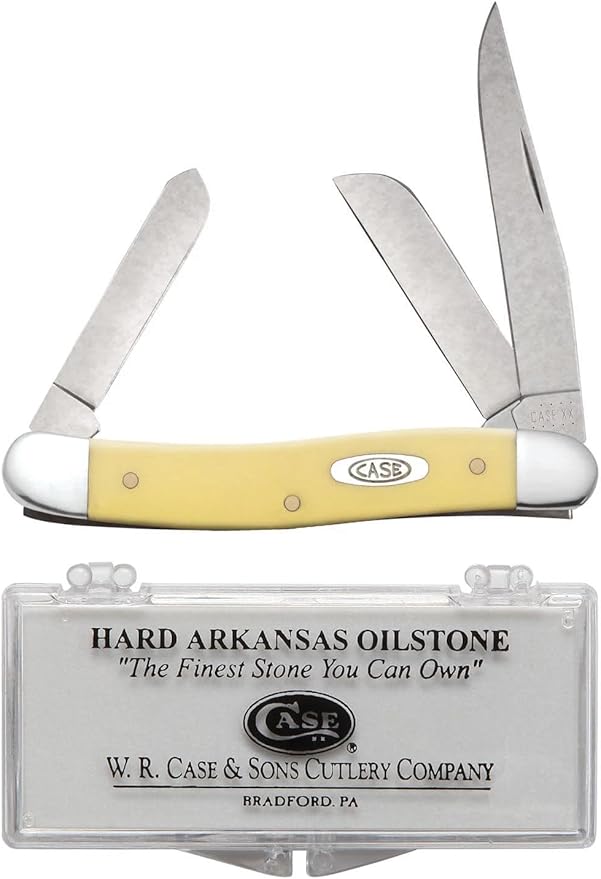 Case XX WR Pocket Knife Medium Stockman, Yellow Synthetic Handle, Carbon Steel Blades, Length Closed: 3 5/8 Inches W/Sharpening Stone