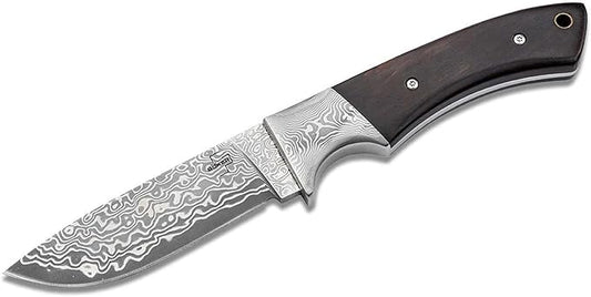 BÖKER PLUS® M-One Damascus hunting knife - fine Damascus knife with fixed blade & leather sheath - bushcraft knife with ebony wood handle - Damascus outdoor knife in gift box