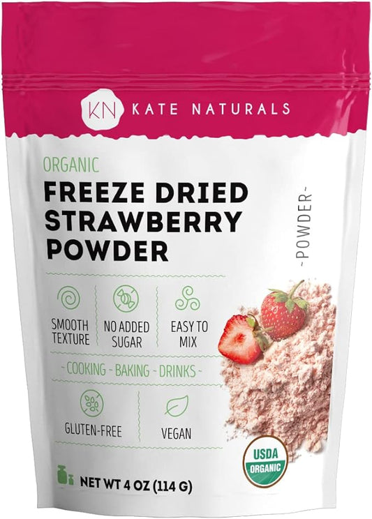 Kate Naturals Freeze Dried Strawberry Powder for Baking, Camping & Drinks. Natural Strawberry Flavoring for Cakes, Icing & Smoothies (4 oz, Organic)