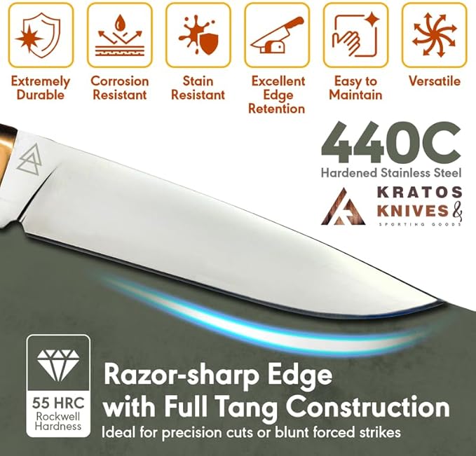 Hunting Knife with Sheath, 10.25" Fixed Blade Bushcraft Hunting Knives with 440C Hardened Stainless Steel Full Tang Survival Knife By Kratos - ZF10