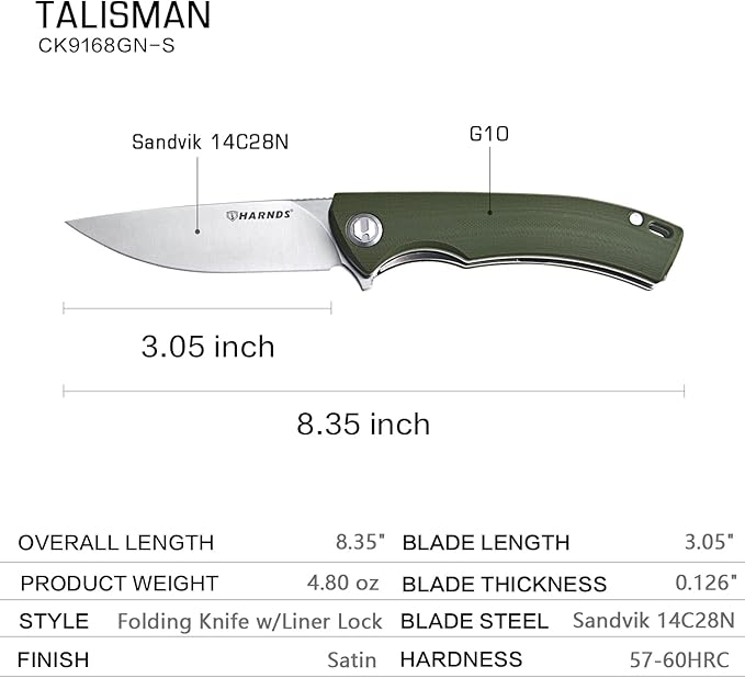 Talisman CK9168 Pocket Knife with Ball Bearing Pivot System Folding Knife with G10 Handle Pocketclip (armygreen handle)